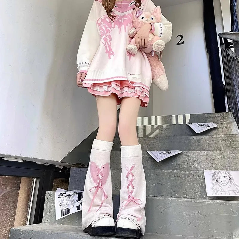 Cotton Blend Knit Heart Pattern Leg Warmers - 2