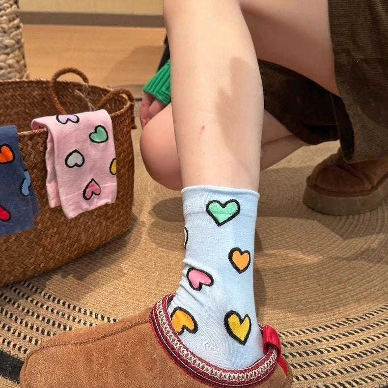 Polyester Elastane Heart Pattern Women Casual Crew Socks 5 Pairs