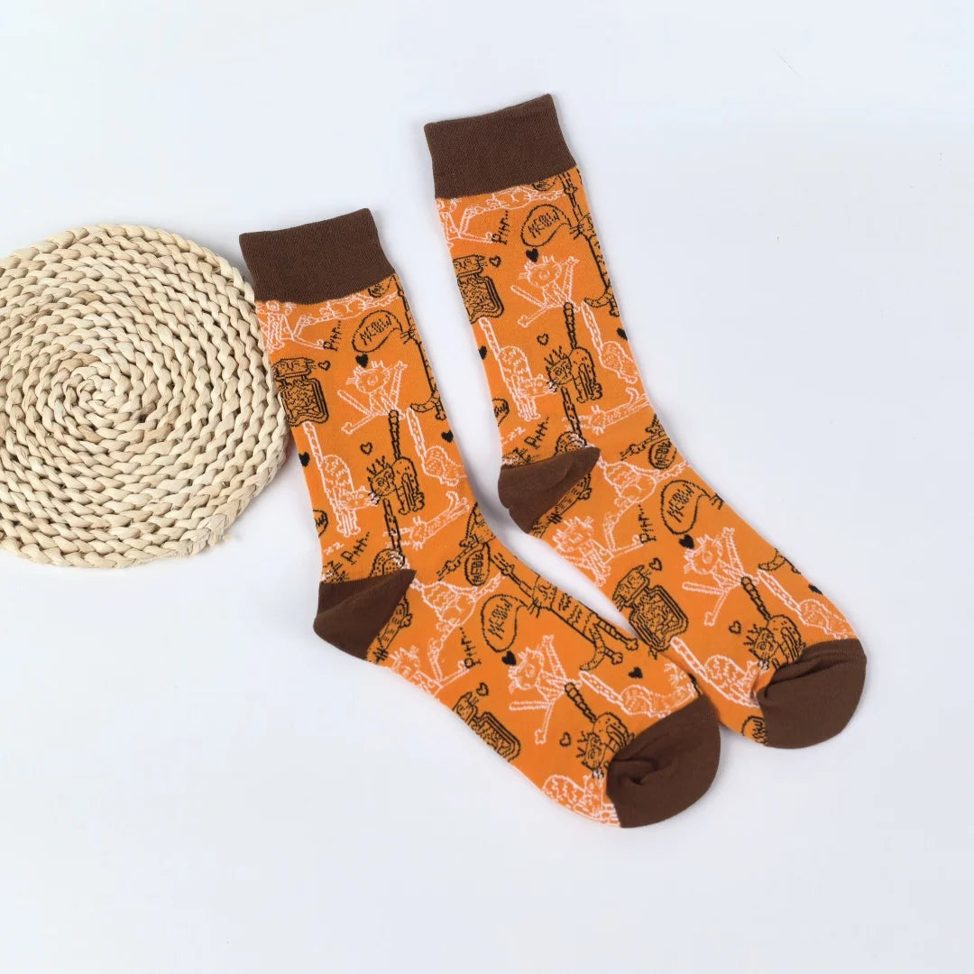 Cotton Blend Cat Print Mid Calf Unisex Socks