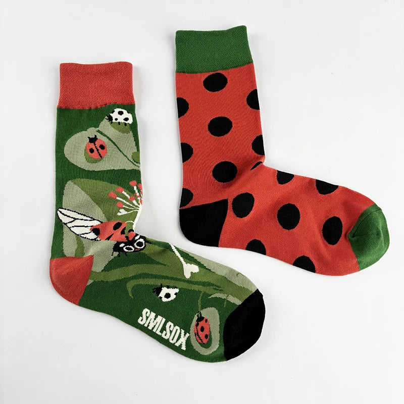 Cotton Blend Ladybug Print Mid Calf Socks