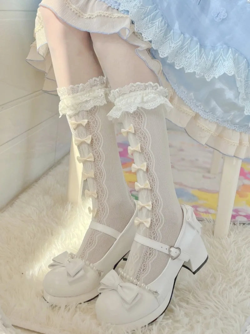 Nylon Lolita Lace Ruffle Knee High Socks with Bows