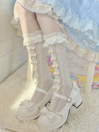 Nylon Lolita Lace Ruffle Knee High Socks with Bows