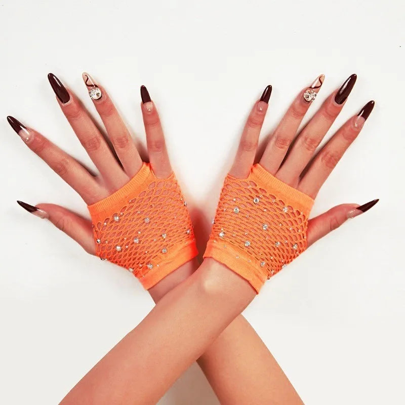 Nylon Elastane Rhinestone Fishnet Fingerless Gloves