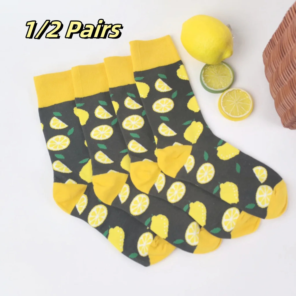 Cotton Blend Lemon Print Mid Calf Socks