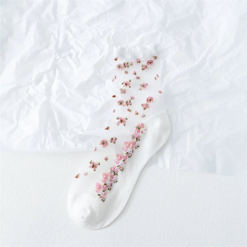 Polyester Elastane Floral Ruffle Crew Socks