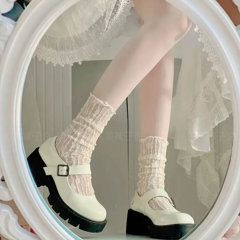 3 Pairs Floral Lace Women Casual Crew Socks