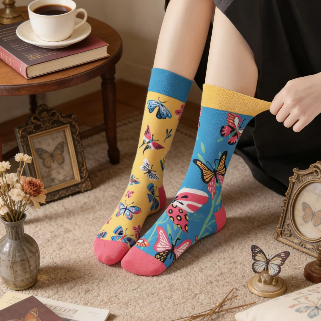 Cotton Blend Butterfly Floral Pattern Mid Calf Socks