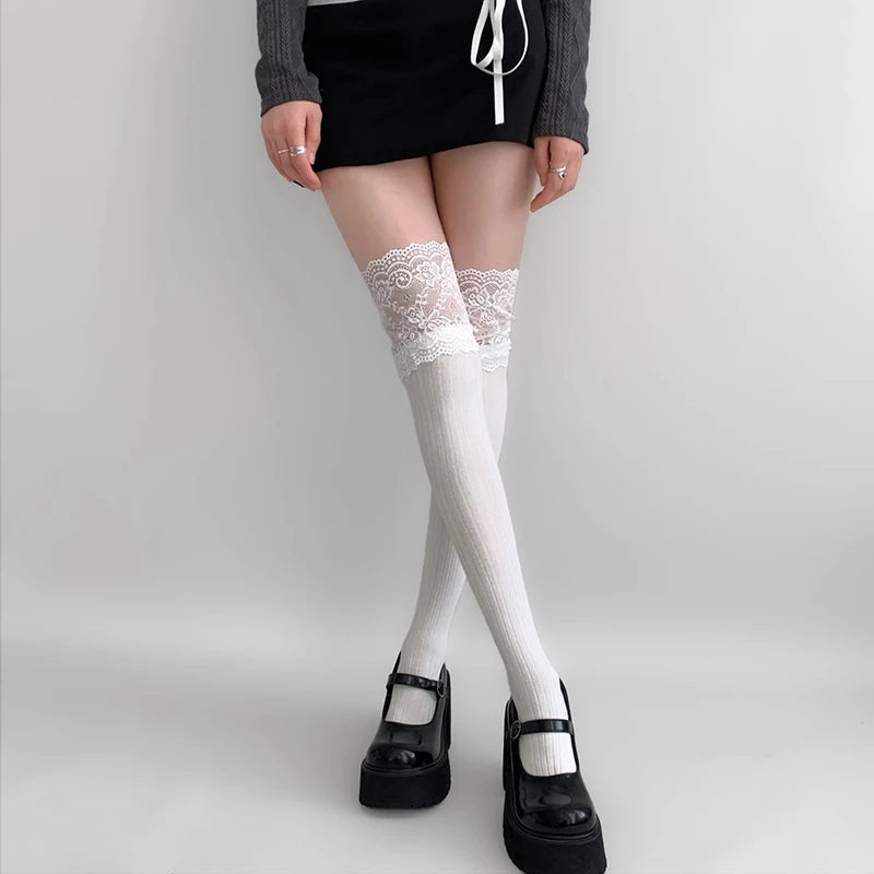 Polyester Elastane Lace Knee High Stockings - 4