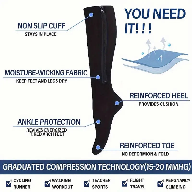 Nylon Elastane Zipper Compression Socks - 3