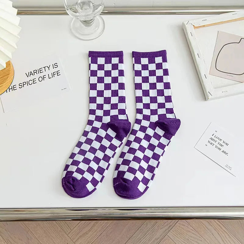 Cotton Blend Plaid Pattern Mid Tube Unisex Socks