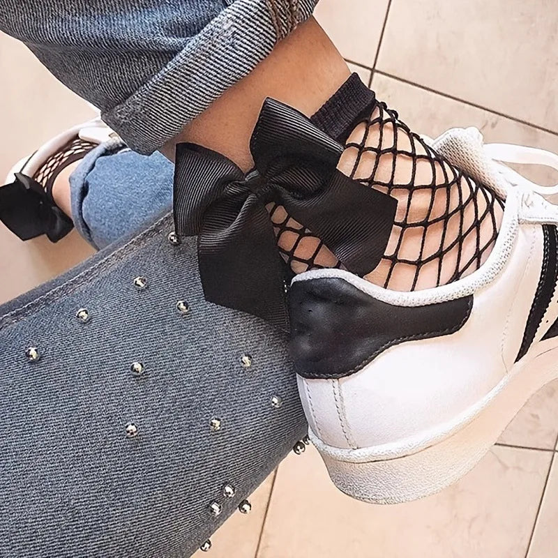 Polyester Nylon Fishnet Bow Ankle Socks