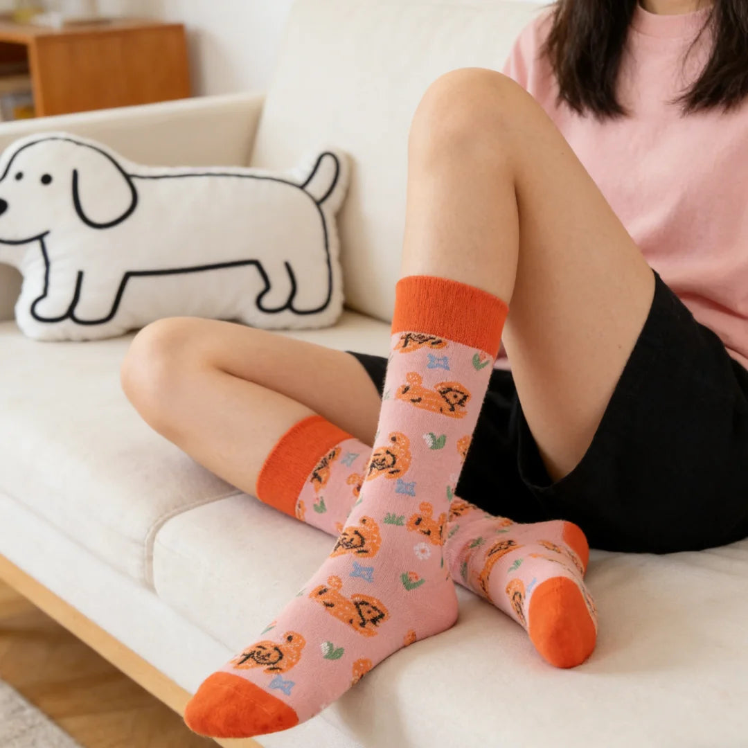Cotton Blend Puppy Print Mid Calf Casual Socks
