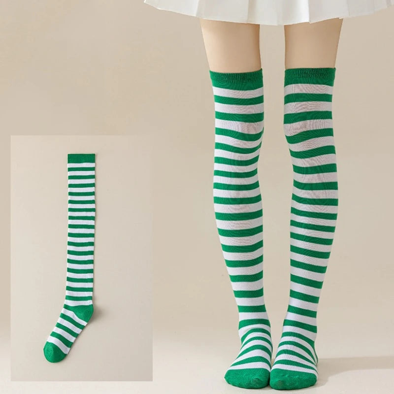 Striped Cotton Polyester Thigh High Stockings