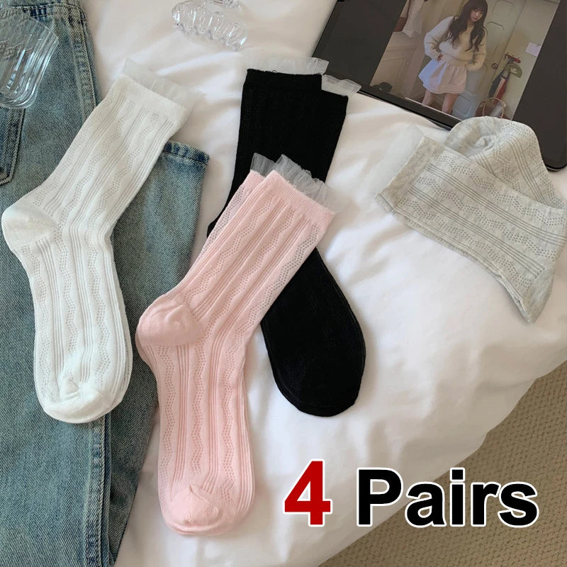 4 Pairs Polyester Elastane Lace Edge Mid Tube Socks