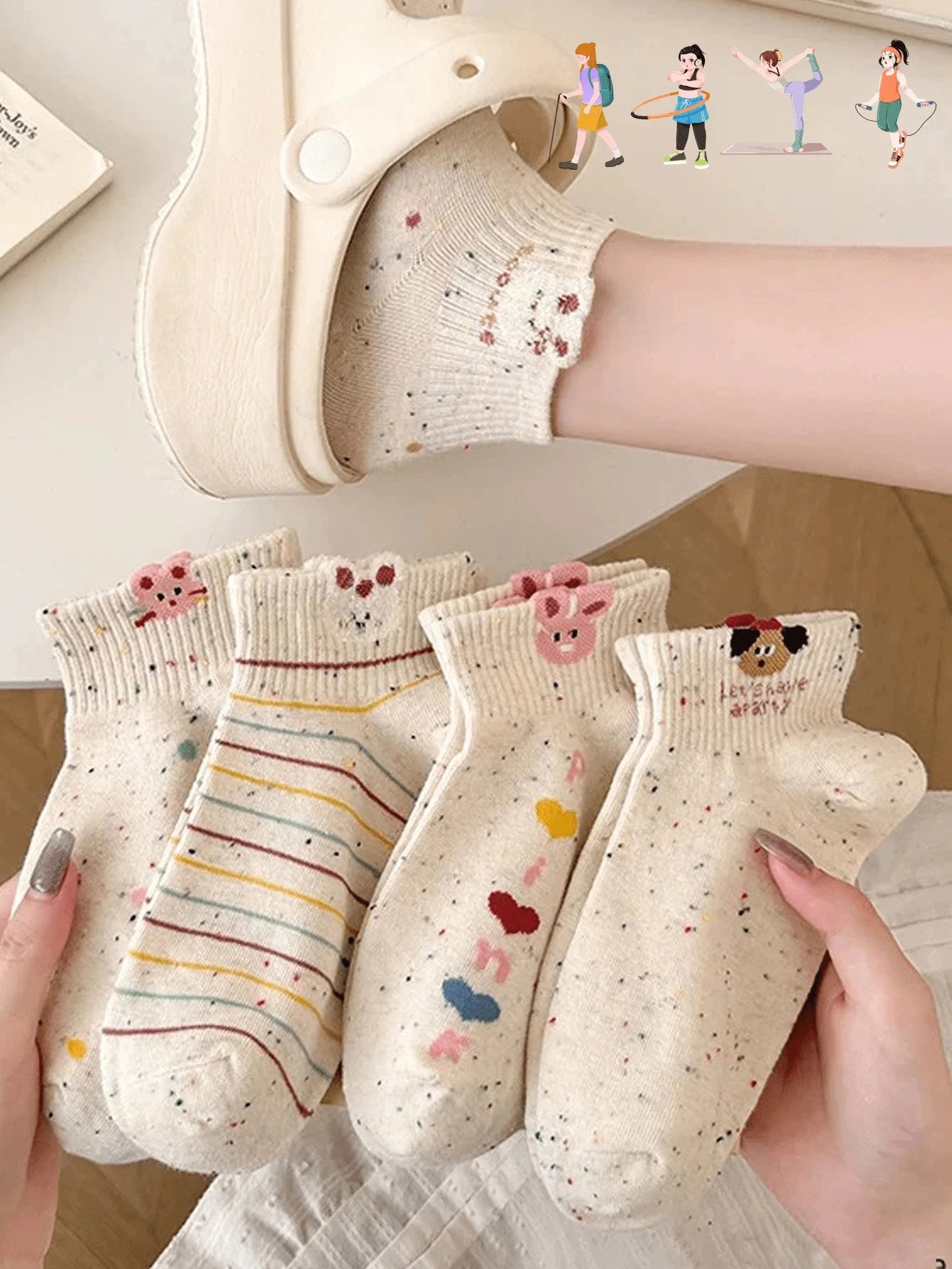 5 Pairs Women Polyester Elastane Low Tube Casual Cartoon Ankle Socks - 12