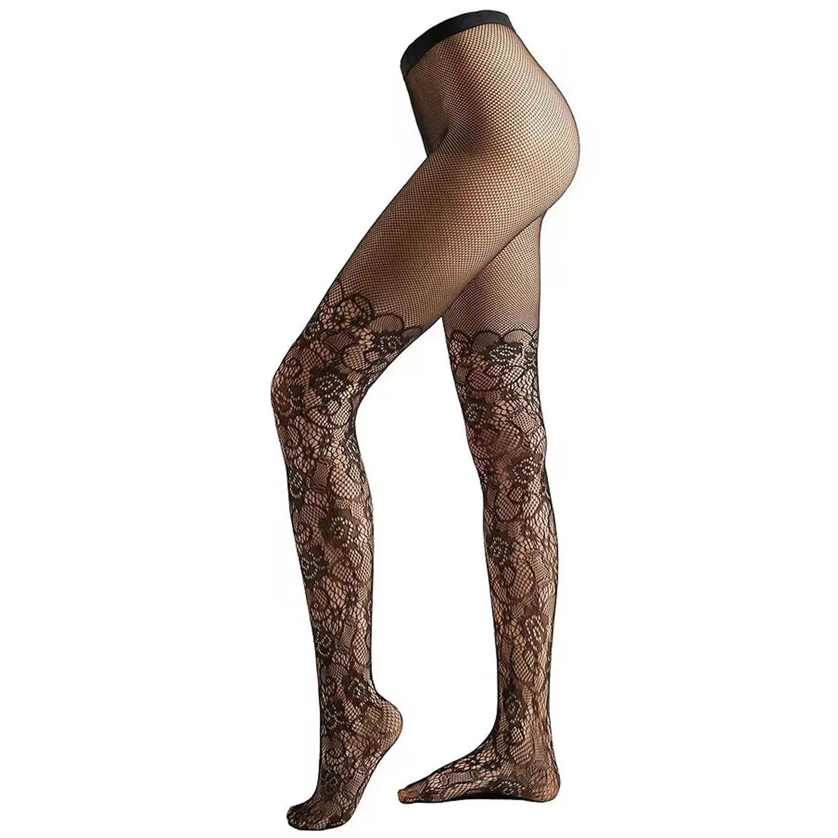 Floral Lace Fishnet Pantyhose High Waist Mesh Stockings - 4