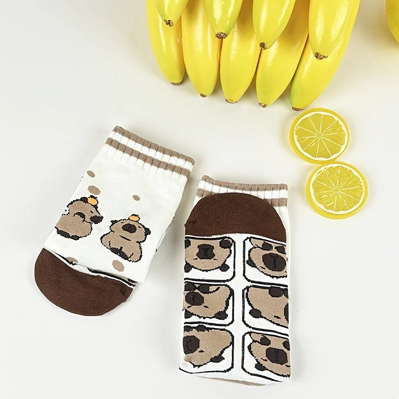 Cotton Blend Capybara Print Mid Calf Socks - 3