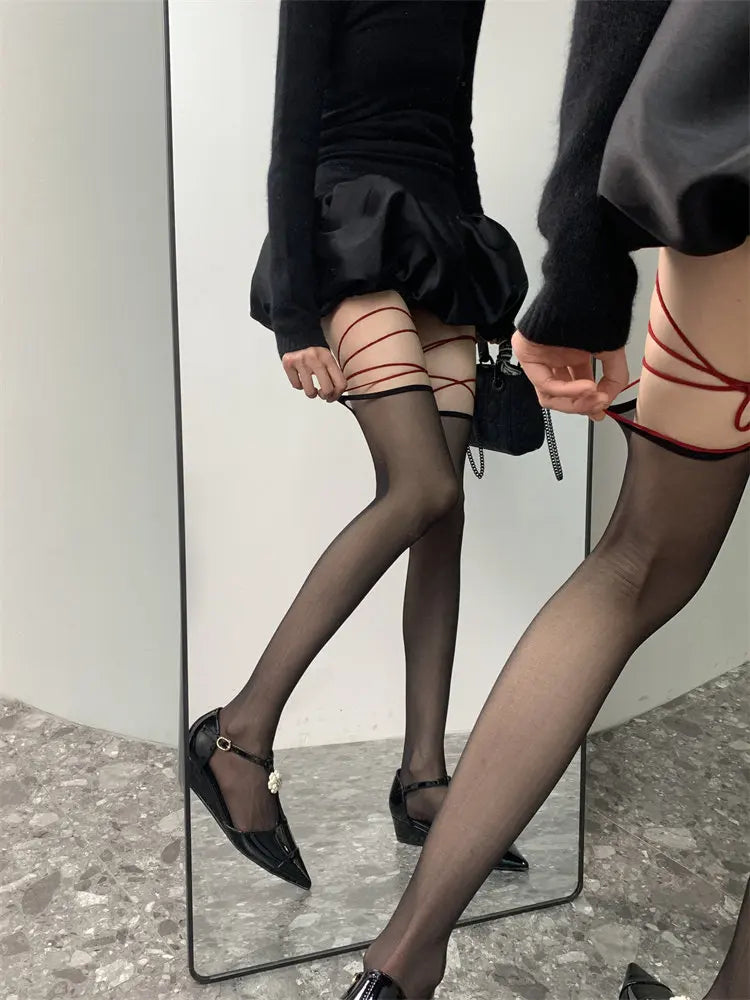 Nylon Elastane Strappy Thigh High Stockings