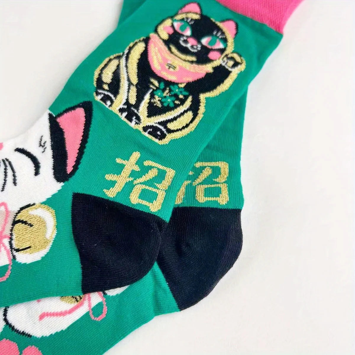Lucky Fortune Cat Print Cotton Blend Crew Socks