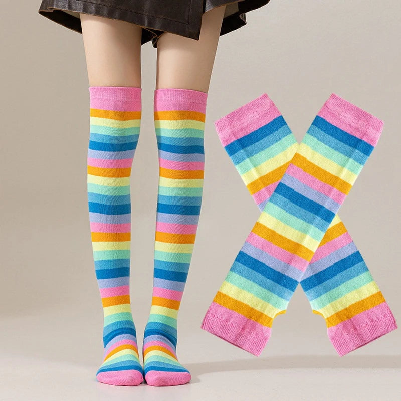 Striped Polyester Thigh High Socks and Arm Warmer Set