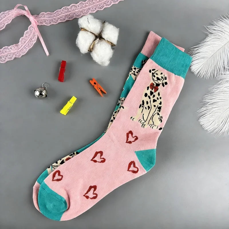 Cotton Blend Dalmatian Dog Print Mid Calf Casual Socks - 2