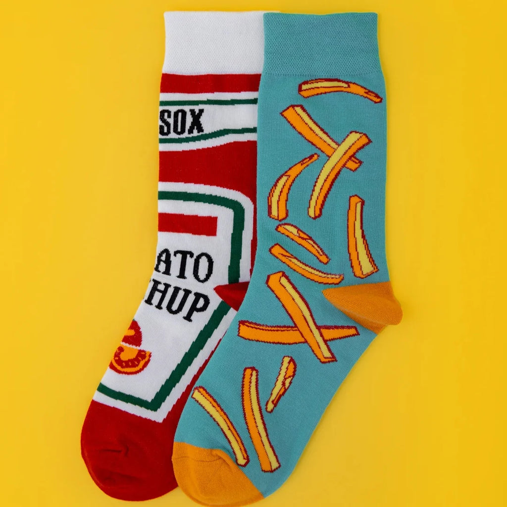 Cotton Blend Asymmetric Tomato and Fries Pattern Mid Calf Socks