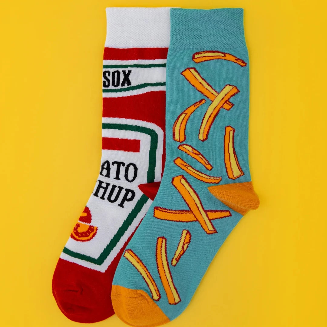 Cotton Blend Asymmetric Tomato and Fries Pattern Mid Calf Socks