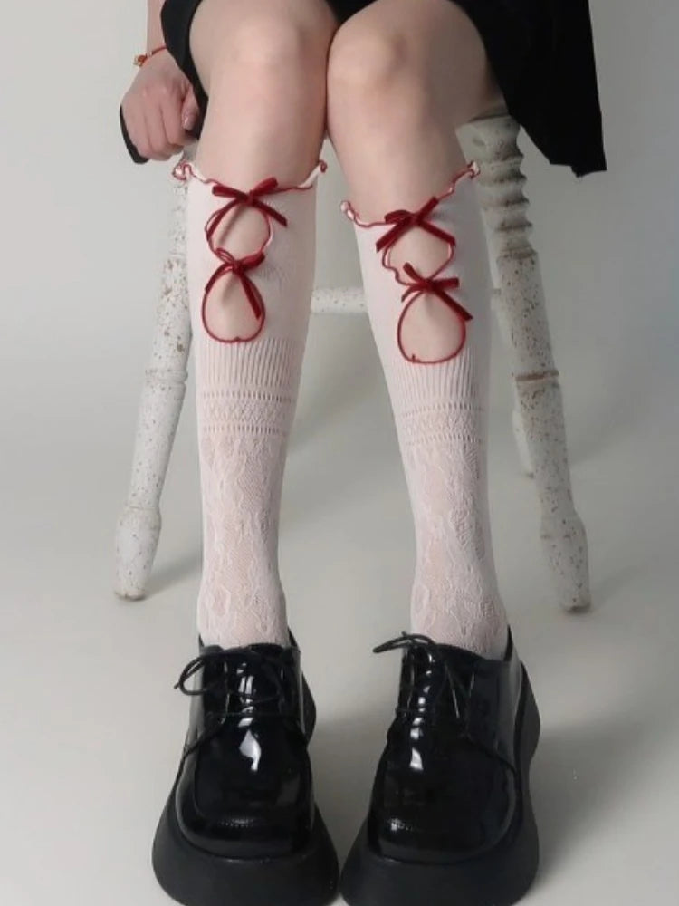 Nylon Elastane Ruffle Bowknot Calf Socks - 8
