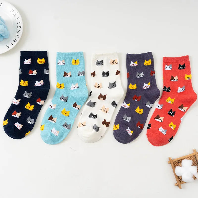5 Pairs Women Cotton Cat Print Mid Tube Casual Socks