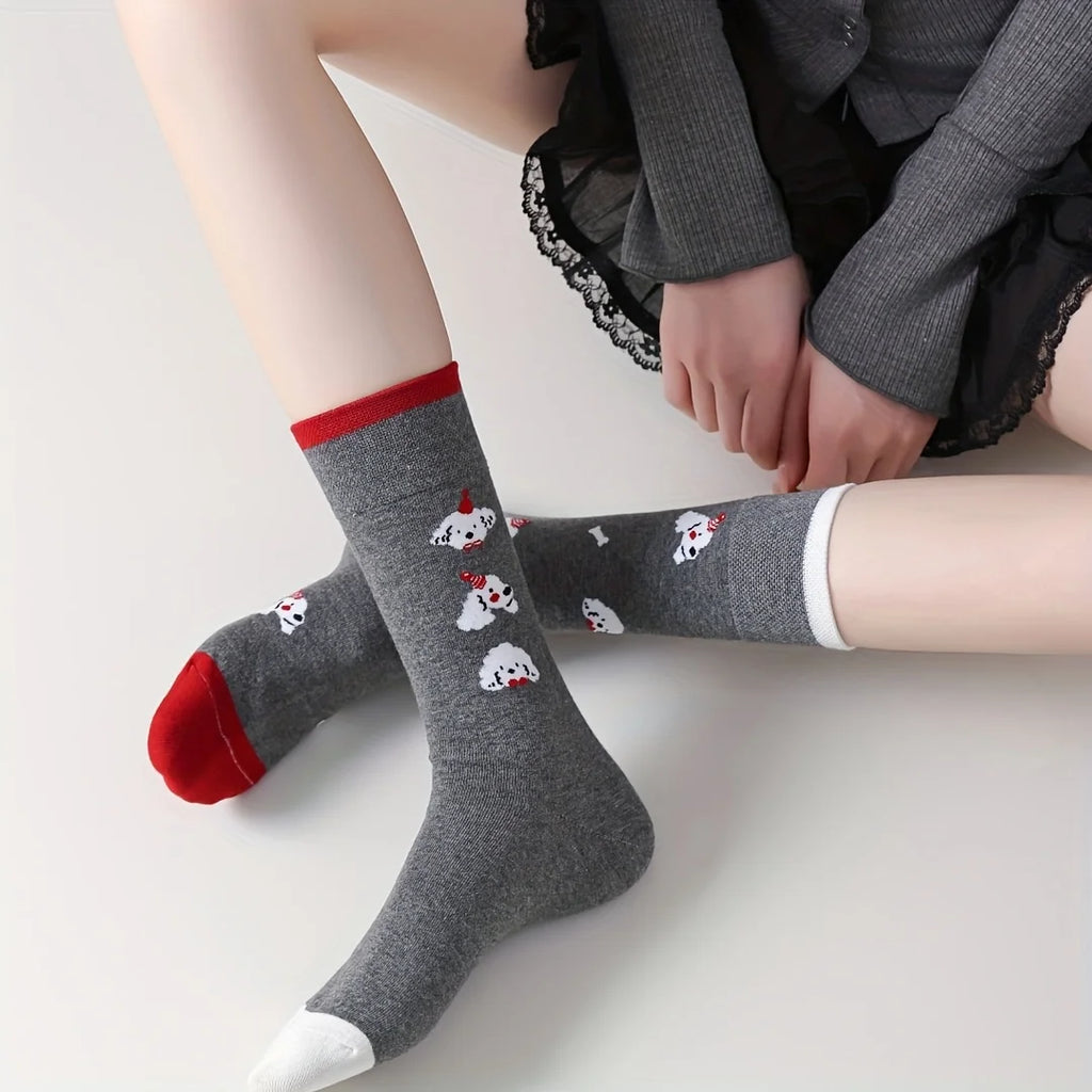 Cotton Blend Puppy Print Mid Calf Socks