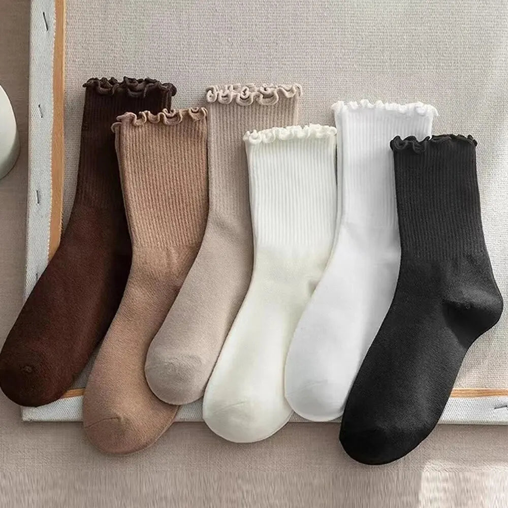 Ruffled Polyester Blend Mid Length Womens Socks 6 Pair Set