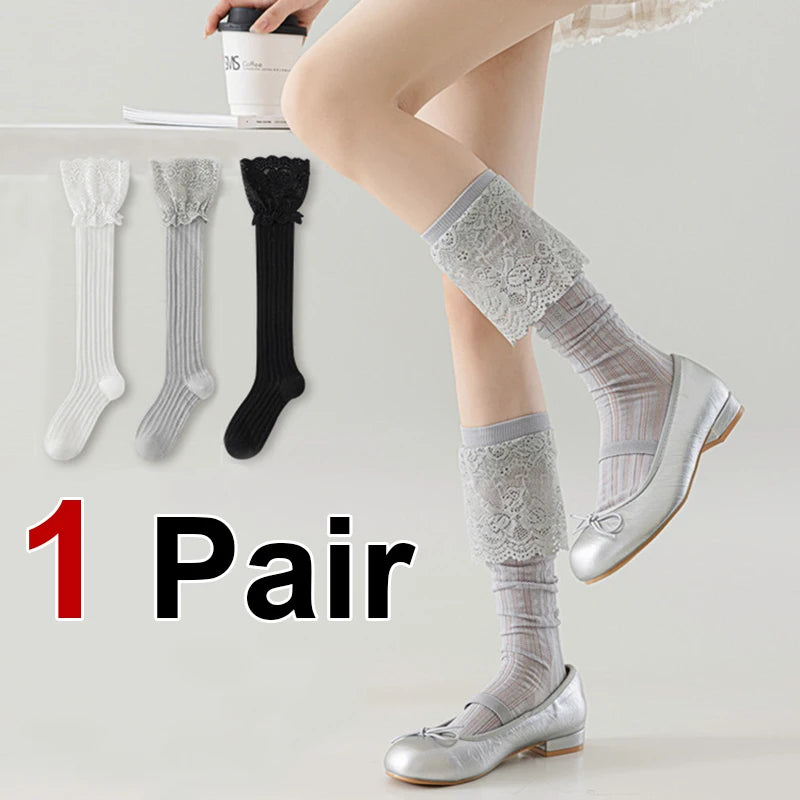 Polyester Spandex Floral Lace Hollow Knit Mid Tube Casual Socks