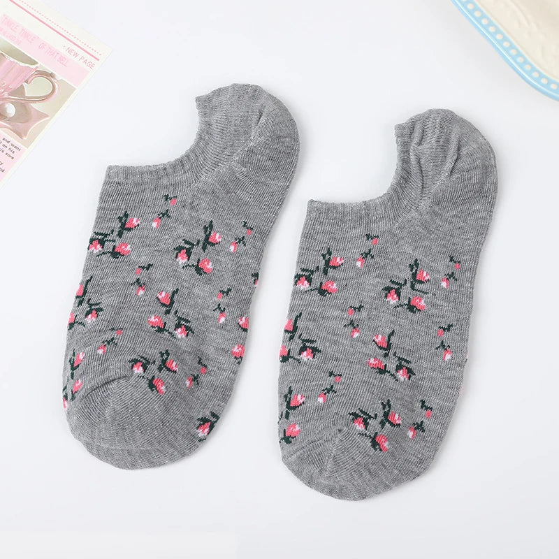 5 Pairs Polyester Elastane Floral Low Cut Boat Socks - 11
