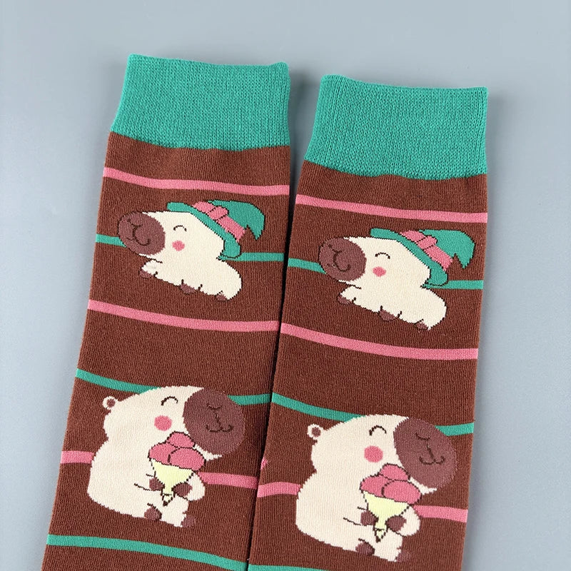 Cotton Blend Capybara Pattern Mid Calf Socks
