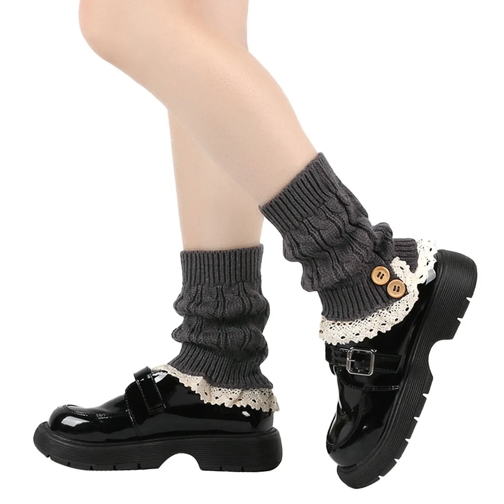 Polyester Elastane Knit Button Lace Leg Warmers