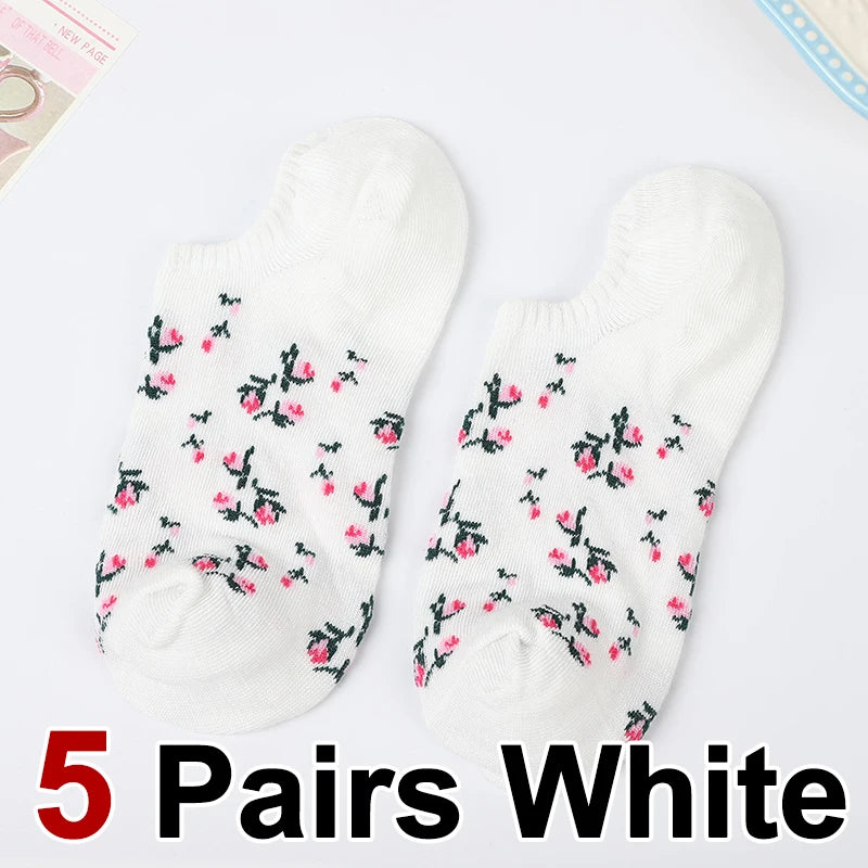 5 Pairs Polyester Elastane Floral Low Cut Boat Socks