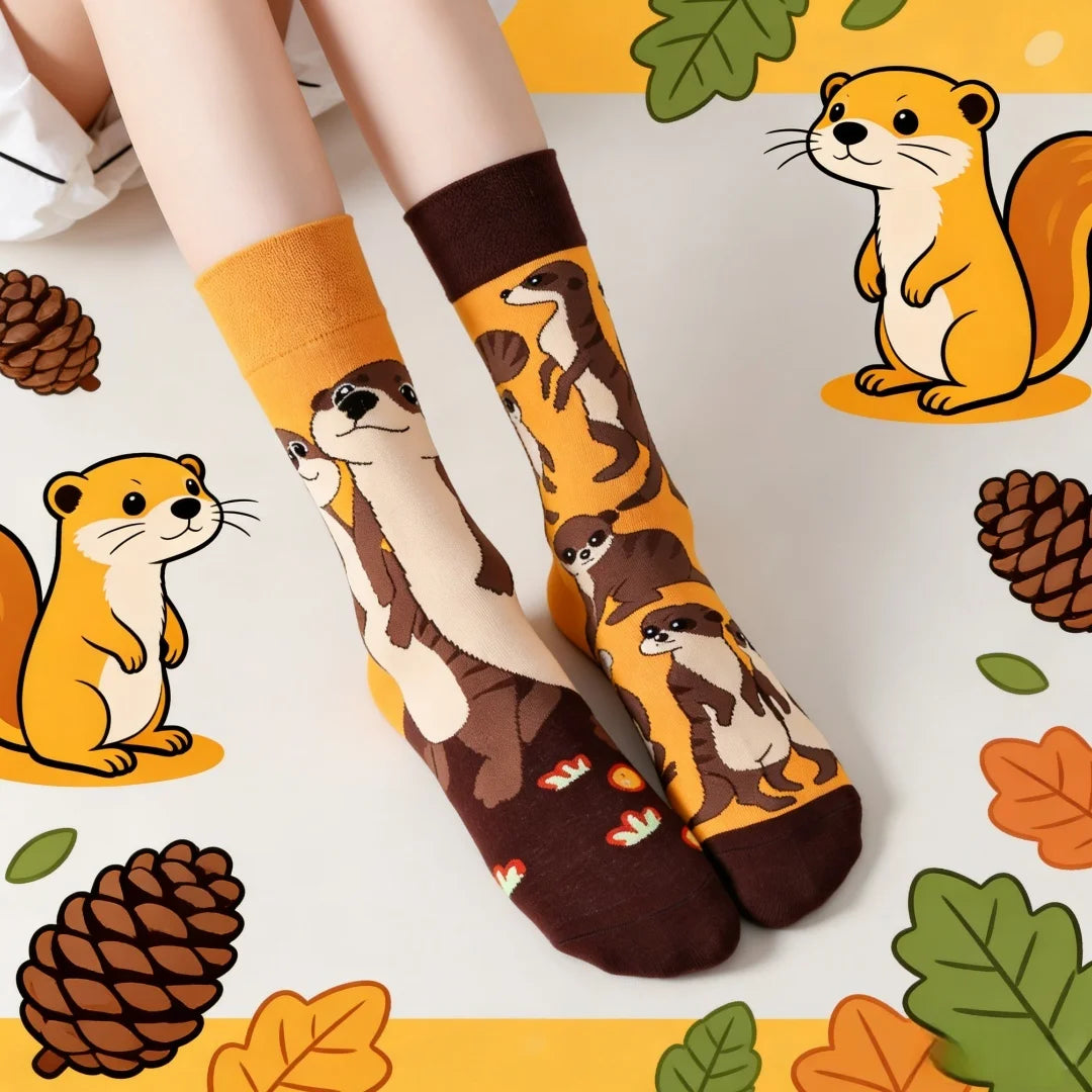 Cotton Blend Mid Calf Weasel Pattern Unisex Casual Socks