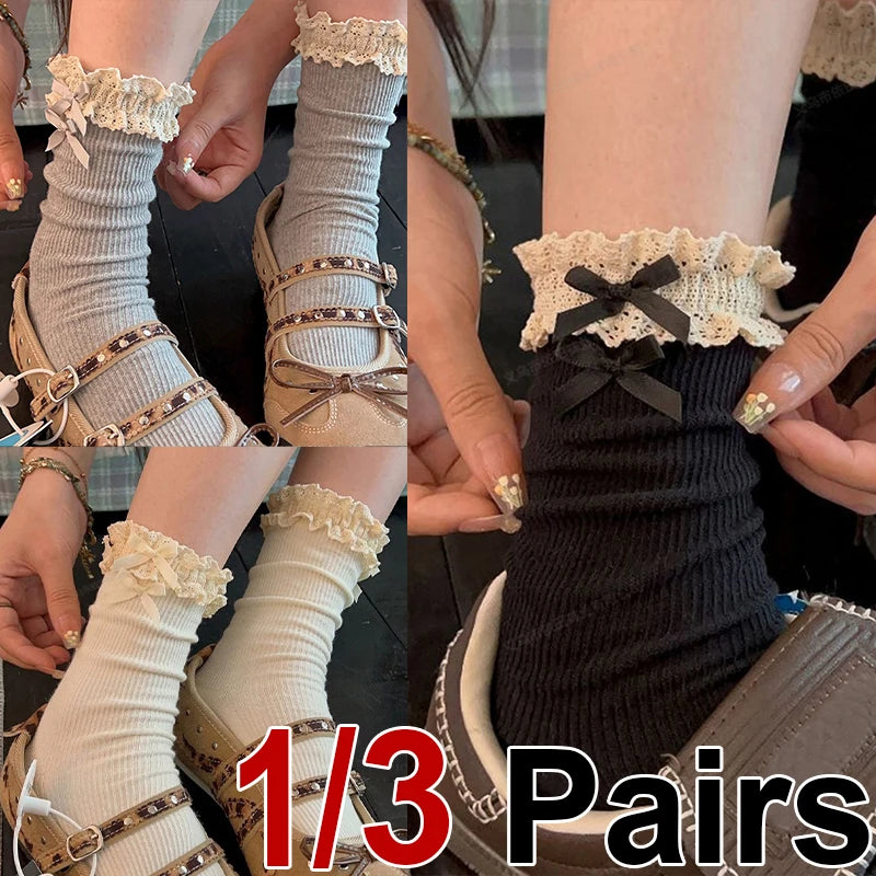 Lace Bow Mid Tube Cotton Blend Casual Socks - 1