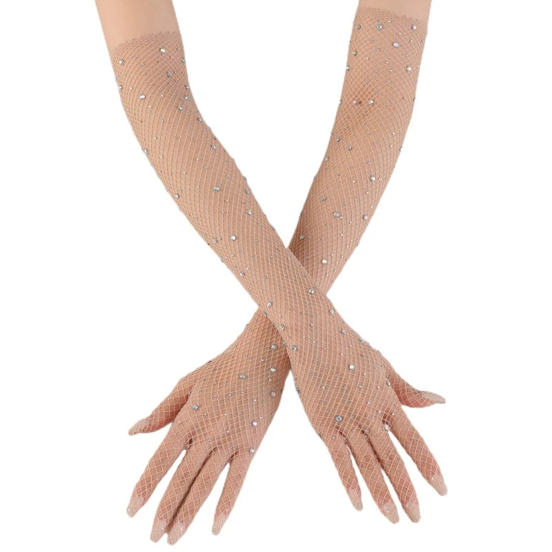 Polyester Elastane Mesh Rhinestone Long Gloves - 7