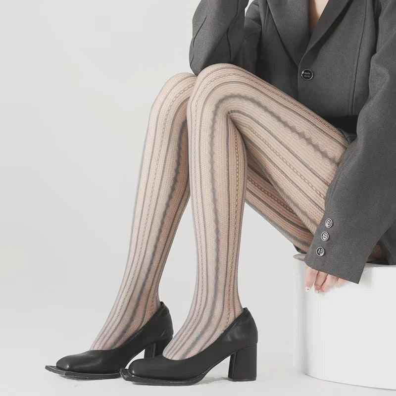 Red Nylon Striped Fishnet Tights for Women
