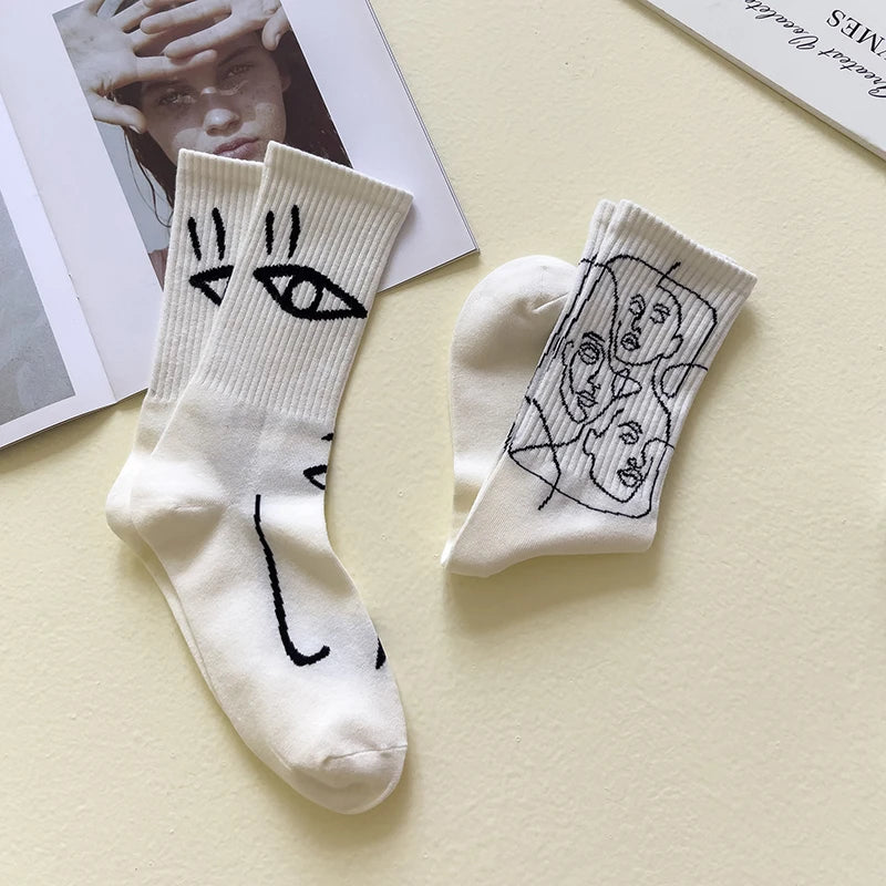 Cotton Blend Abstract Line Art Casual Crew Socks - 4