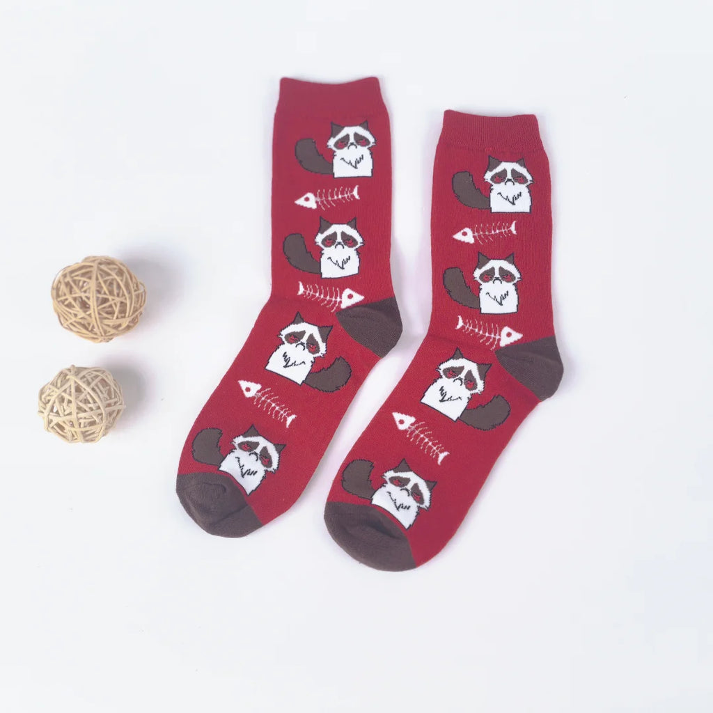 Cotton Polyester Cat Print Mid Calf Socks