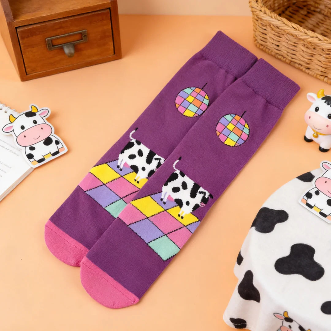 Cotton Blend Cow Pattern Mid Calf Socks - 1