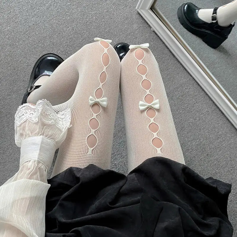 Polyester Nylon Bowknot Hollow Out Tights