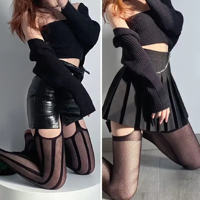 Nylon Fishnet Suspender Pantyhose Geometric Pattern Tights - 2