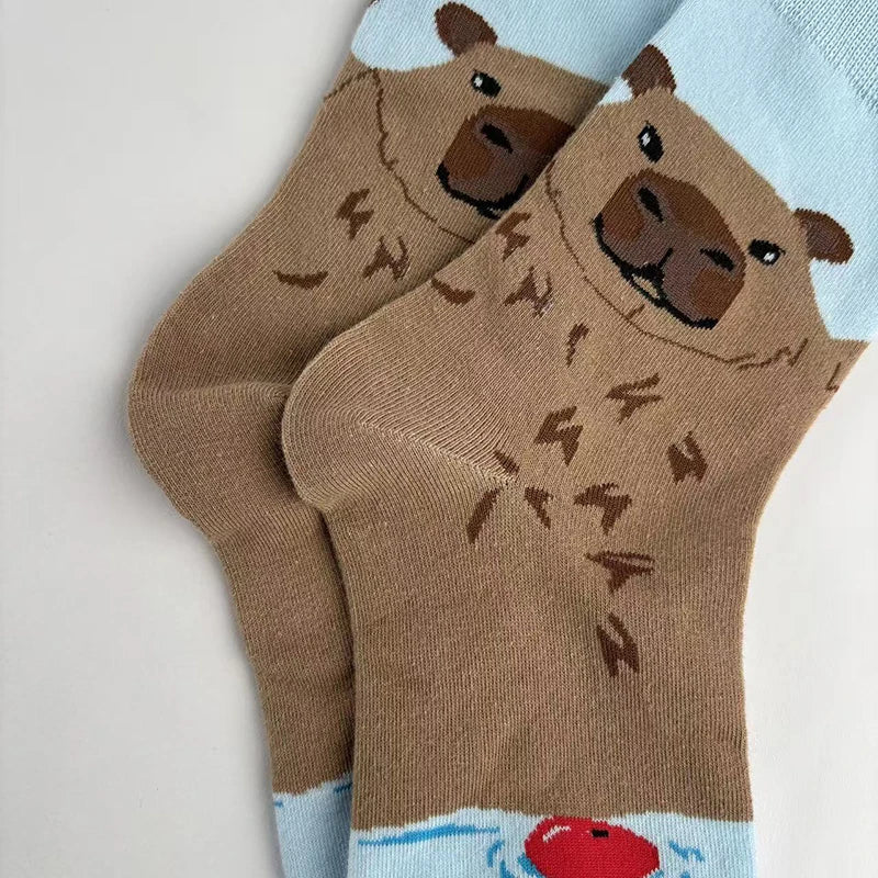 Cotton Blend Capybara Pattern Mid Calf Socks - 5