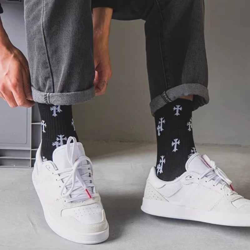 Cotton Cross Pattern Unisex Mid Tube Casual Socks