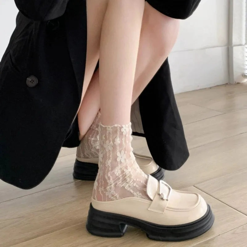3 Pairs Floral Lace Women Casual Crew Socks - 4