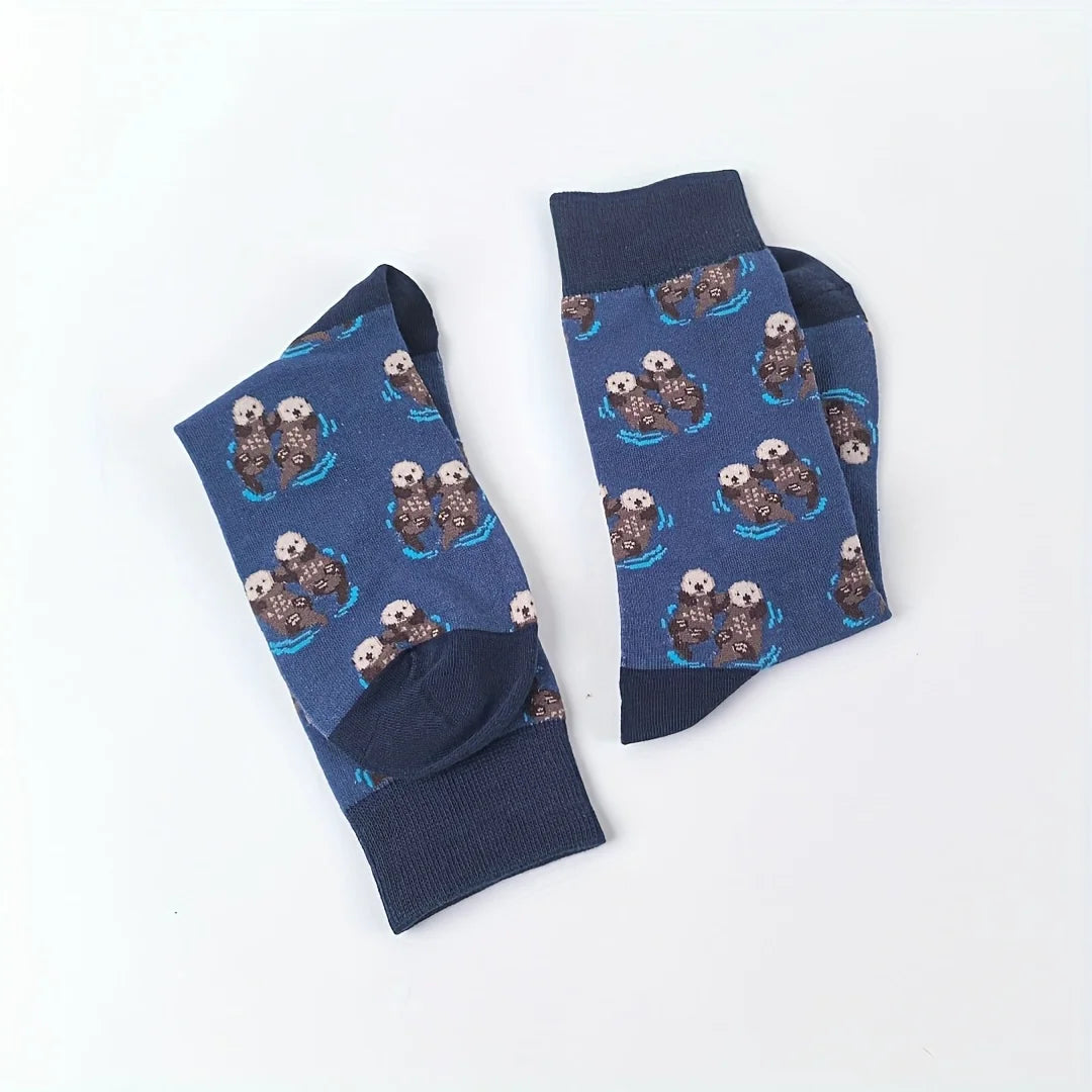 Cotton Blend Otter Print Mid Calf Casual Socks