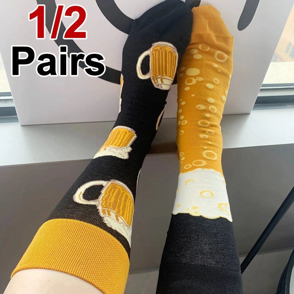 Cotton Blend Beer Pattern Crew Socks